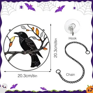 Halloween metal crow hanging decoration with chain and hook, 20.3cm size for wall art.