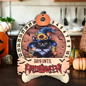 Wooden Halloween countdown calendar ornament with black cat and pumpkin design for holiday decor