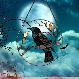 Close-up detail of the Halloween raven hanging decor featuring exquisite autumn leaves pattern.