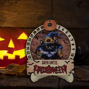 Halloween wooden countdown calendar ornament, black cat witch table decor detail view.