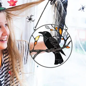 Halloween Raven Window Hanging Metal Craft Crow Decor Autumn Branch Circular Pendant Stained Art