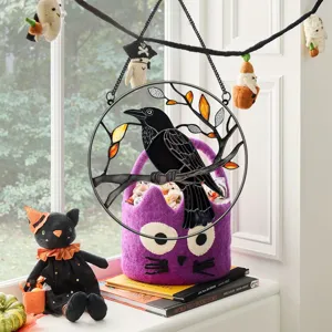 Halloween metal hanging wall decor, stained glass style crow on branch design for holiday home.