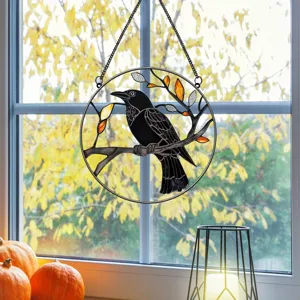 Halloween metal crow window hanging stained glass autumn raven decor for home wall interior.