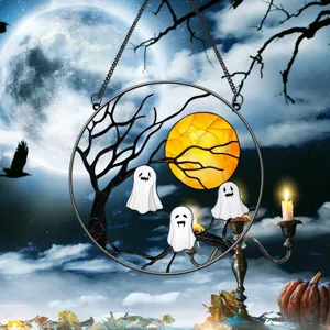 Halloween metal hanging decoration round wall art iron craft with ghost moon design.