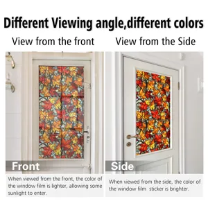 Stained glass autumn maple leaf window film detail showing different viewing angles and colors.