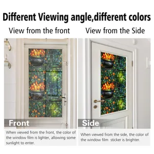 Halloween stained glass window film detail showing different viewing angles and vibrant colors.