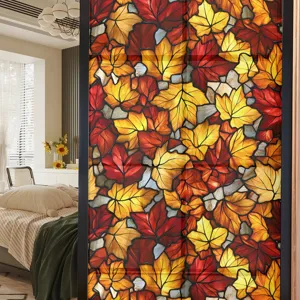Autumn maple leaf stained glass window film, decorative privacy PVC static window sticker.