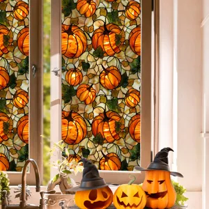 Halloween window sticker detail, stained glass pumpkin film pattern, festive home decor glass decal