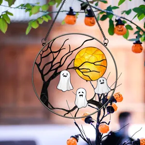 Halloween metal hanging wall decor featuring spooky ghosts and yellow moon design for home.
