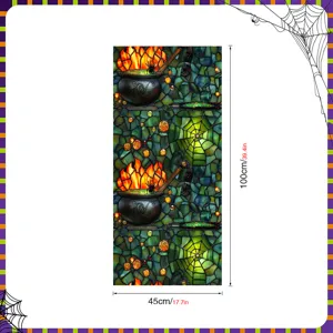 Halloween stained glass window sticker, removable PVC spooky cauldron glass cling for home decor.