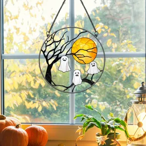 Halloween metal hanging pendant stained glass moon tree ghost wall decor for home indoor holiday party