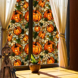 Detailed shot of Halloween stained glass pumpkin window film sticker for seasonal home decor.
