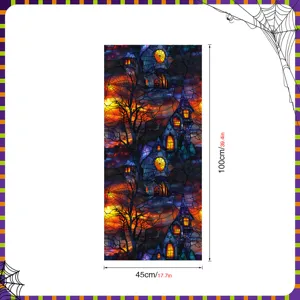Halloween stained glass window film detail, spooky castle and tree design, 45x100cm.