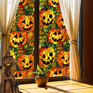 Halloween pumpkin window film detail shot showcasing vibrant stained glass decorative sticker.