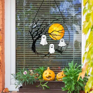 Halloween hanging window decoration with cute ghosts, dark tree and glowing moon art piece.
