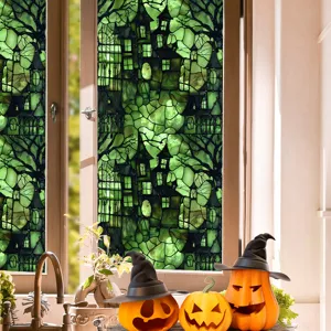 Detailed view of green stained glass Halloween castle window sticker for spooky seasonal decor.