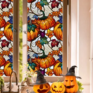 Halloween stained glass window film featuring autumn pumpkins and leaves design for holiday decor.