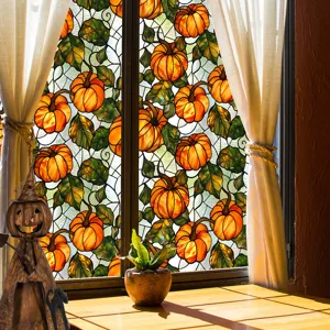 Halloween pumpkin window sticker, stained glass style PVC static cling film for holiday home decor.