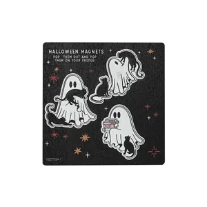 Ξύλινο σετ μαγνητών ψυγείου Halloween με χαριτωμένα φαντάσματα και μαύρες γάτες σπίτι.