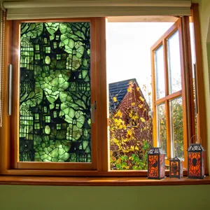 Halloween green castle window film, spooky stained glass sticker for holiday home decor.