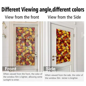 Autumn maple leaves window film detail showing different viewing angles and vibrant colors on glass door.