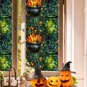 Halloween stained glass window film, decorative spooky spider web cauldron PVC sticker.