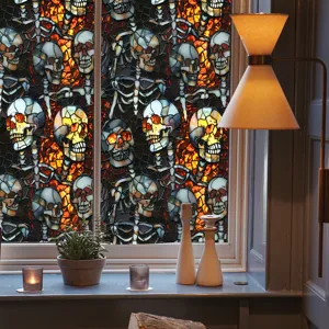 Halloween stained glass skull window film, spooky gothic PVC static cling for holiday decor.