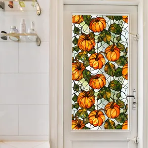 Stained glass Halloween pumpkin window sticker detail view, decorative PVC glass film for home.
