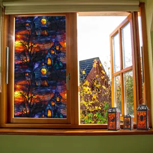 Halloween window sticker stained glass PVC static cling holiday decor spooky castle design