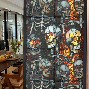 Halloween stained glass skeleton window sticker, spooky skull PVC glass film for home decor.