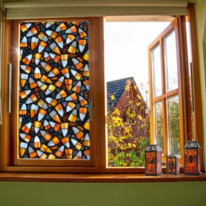 Halloween stained glass window film candy corn pattern seasonal home decor detail view
