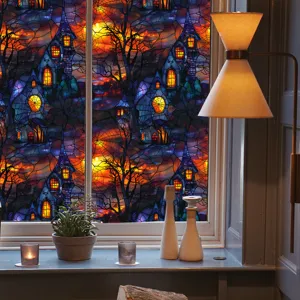 Halloween stained glass window film spooky castle static cling holiday home glass decor sticker