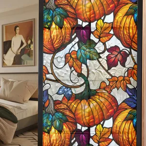 Halloween Pumpkin Stained Glass Window Sticker Autumn Leaves PVC Decal Home Decor