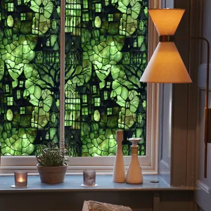Halloween stained glass window film decorative spooky castle green privacy sticker roll