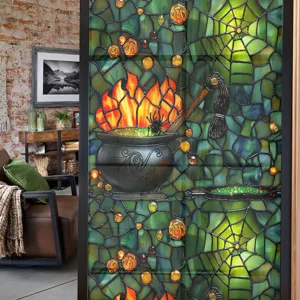 Halloween stained glass window sticker featuring a witch cauldron pattern, decorative PVC film for glass.
