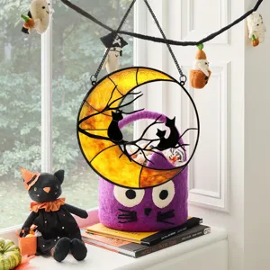 Halloween stained glass moon hanging ornament detail, black cat iron art scene display.