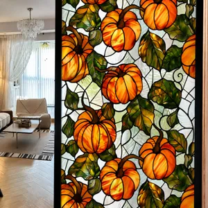 Stained glass pumpkin window sticker detail showcasing Halloween home decor PVC film.