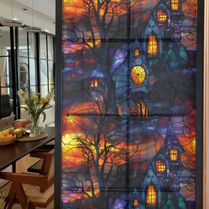 Halloween stained glass window sticker detail, gothic castle home decor film, peel and stick.