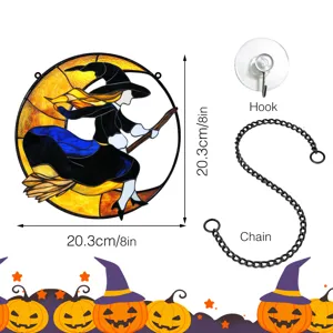 Halloween stained glass witch hanging decoration with chain and hook for home wall window art.