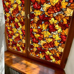 Autumn maple leaves stained glass window film, decorative static glass window sticker.