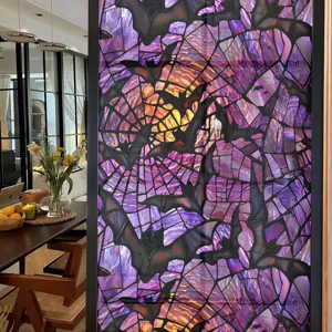 Halloween stained glass window film with bat and spider web design for home decor.