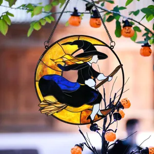 Halloween stained glass witch on broom hanging ornament for festive home wall and window decor.