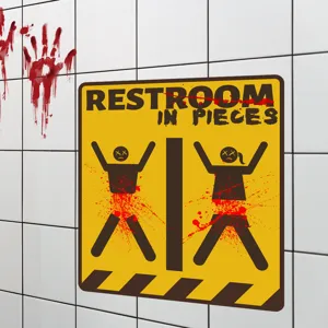 Halloween Horror WC Wandaufkleber Detail mit blutigem Warnschild und blutiger Handabdruck.
