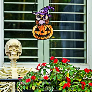 Halloween acrylic stained glass owl pumpkin hanging decoration detail view holiday window display.