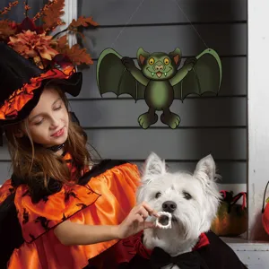 Halloween hanging luminous bat wall sticker detail shot showing festive scene with kids and dog.