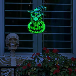 Halloween acrylic hanging decoration, glowing owl on pumpkin pendant for window wall.