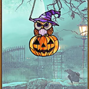 Halloween owl pumpkin hanging acrylic ornament for holiday wall decoration party supply.