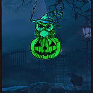 Halloween glowing acrylic owl witch hat pumpkin hanging ornament wall decoration detail view