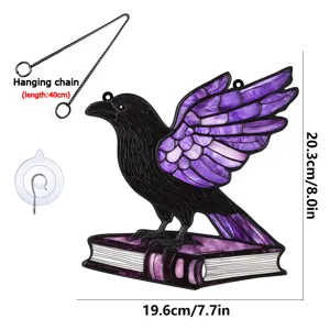 Halloween acrylic raven book hanging pendant decoration with chain and suction cup.