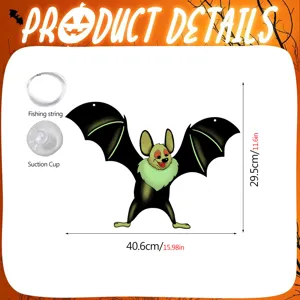 Halloween glowing bat hanging decoration detail, luminous wall sticker with string and suction cup.